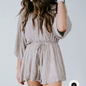 Dress Forum Taupe Minimalist Flowy Romper Wrap Diamond Pattern Minimalist BB1